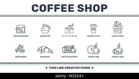 Coffe Shop set icons collection. Comprend des éléments simples tels que le café, machine à café, Moulin à café, café, café, croissant et Illustration de Vecteur