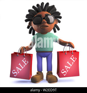 Image 3D reconstruite d'un cartoon African rasta man en 3d holding shopping bags de la vente Banque D'Images