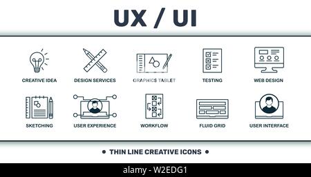 L'interface utilisateur et le design ux set icons collection. Comprend des éléments simples tels que les services de conception, tablette graphique, tests, Web Design , Art numérique, Workflow Illustration de Vecteur