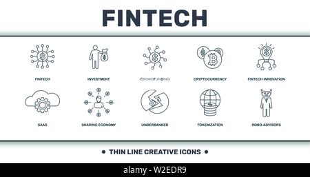 Collection d'icônes set Fintech. Comprend des éléments simples tels que l'investissement Fintech, Crowdfunding, Cryptocurrency, Innovation, Fintech, économie de partage Illustration de Vecteur