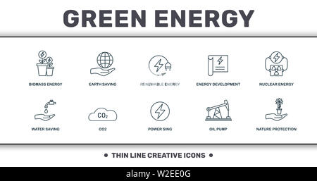 Puissance et énergie icônes fine ligne set collection. Comprend des éléments créatifs tels que l'énergie de la biomasse, énergie de la Terre, de l'énergie renouvelable, l'exploitation de l'énergie Banque D'Images