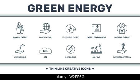 Puissance et énergie icônes fine ligne set collection. Comprend des éléments créatifs tels que l'énergie de la biomasse, énergie de la Terre, de l'énergie renouvelable, l'exploitation de l'énergie Illustration de Vecteur