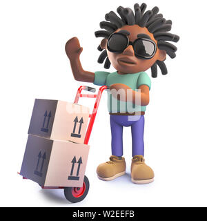 Caricature de l'Afrique noire homme rastafari offrant des parcelles sur un chariot, 3d illustration image rendue Banque D'Images