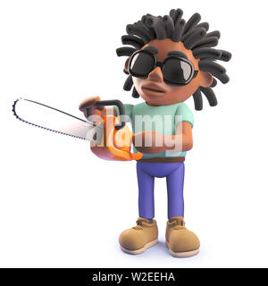 Cartoon Rasta noir homme africain avec tronçonneuse, 3d illustration image rendue Banque D'Images