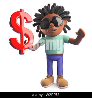 Homme noir avec des dreadlocks holding US dollar symbole monétaire, illustration 3D render Banque D'Images