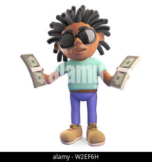 Riche homme noir avec des dreadlocks holding liasses de billets d'un dollar, illustration 3D render Banque D'Images