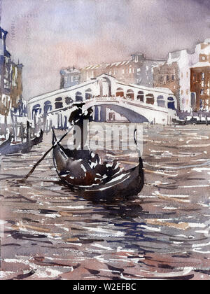 Pont du Rialto et de la ville médiévale de gondoles de Venise, Italie. L'aquarelle de Venise. Banque D'Images
