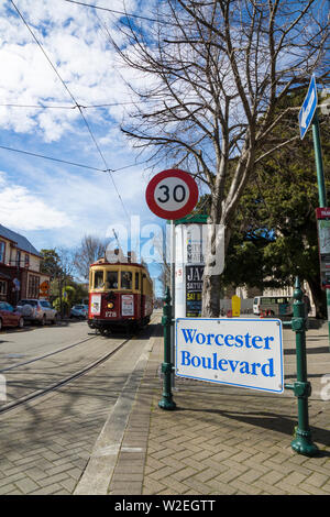 Worcester boulevard signer et de tramway dans le centre-ville de Christchurch, Nouvelle-Zélande Banque D'Images