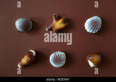 Assortiment de pralines en chocolat avec vue mer concept sur fond brun. Banque D'Images