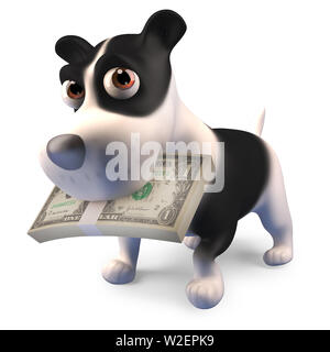 Funny cartoon chiot chien a une liasse de billets d'un dollar dans sa bouche, l'illustration 3D render Banque D'Images