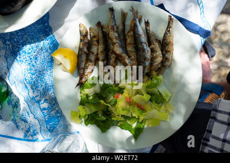 Sardines grillées et salade plat Déjeuner Banque D'Images