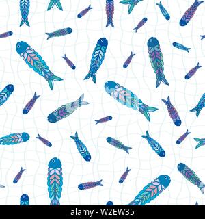 Des poissons multicolores à la main dans l'art populaire de style design. Modèle vectoriel continu sur fond blanc avec un filet bleu doodle. Grande plage de, de l'alimentation Illustration de Vecteur