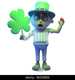 Monstre zombie irlandais shamrock holding sur St Patricks day, illustration 3D render Banque D'Images