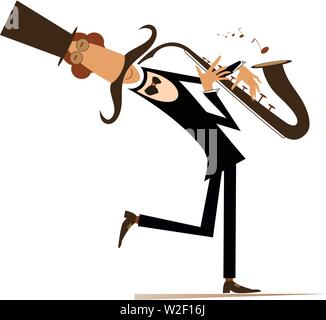 Cartoon illustration saxophoniste longues moustaches.Smiling moustache man in the top hat est la lecture de la musique au saxophone avec inspiration Illustration de Vecteur