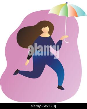 Fille courir avec un parapluie, la pluie. Vector illustration style plat. Illustration de Vecteur