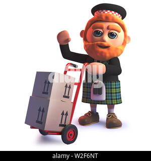 L'image rendue d'un funny cartoon en kilt écossais 3d la livraison de boîtes de carton sur une charrette Banque D'Images