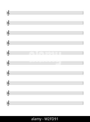 Feuille de notes vide modèle. Cinq employés de première ligne avec clé de sol. Notation musicale occidentale. Illustration sur fond blanc. Banque D'Images