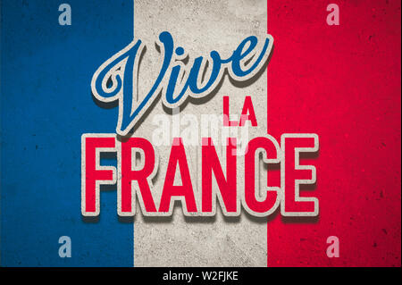 Vive la France "patriotique" (traduction anglaise : Vive la France) sur un grunge bleu, blanc, rouge fond mur de béton tricolore Banque D'Images