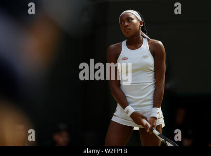 Londres, Grande-Bretagne. 8 juillet, 2019. Cori Gauff réagit au cours de la quatrième série de correspondance entre Cori Gauff des États-Unis et de la Roumanie : Simona au tennis de Wimbledon 2019 à Londres, en Grande-Bretagne, le 8 juillet 2019. Credit : Han Yan/Xinhua/Alamy Live News Banque D'Images