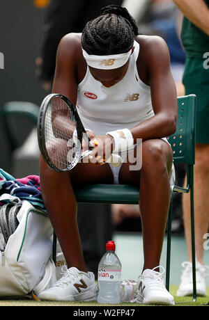 Londres, Grande-Bretagne. 8 juillet, 2019. Cori Gauff réagit au cours de la quatrième série de correspondance entre Cori Gauff des États-Unis et de la Roumanie : Simona au tennis de Wimbledon 2019 à Londres, en Grande-Bretagne, le 8 juillet 2019. Credit : Han Yan/Xinhua/Alamy Live News Banque D'Images