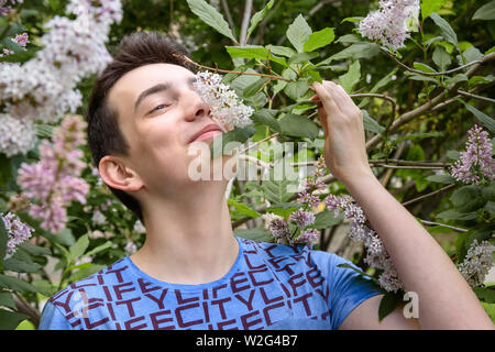 Teenage boy qui sent le lilas fleurs dans le parc Banque D'Images