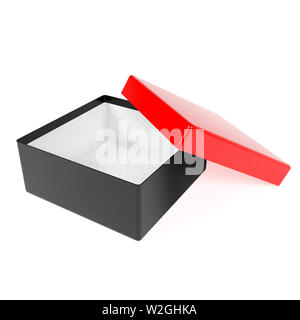 Boîte cadeau ouvert noir avec couvercle rouge. Maquette carton réaliste. Le rendu 3d illustration isolé Banque D'Images