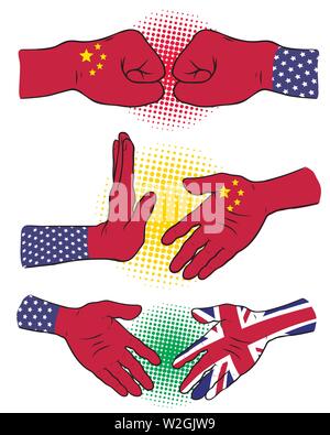 Les relations internationales entre la Chine de l'Angleterre et des États-Unis d'Amérique. Main et fist. Concept d'entreprise avec des éléments d'illustration vectorielle. Illustration de Vecteur