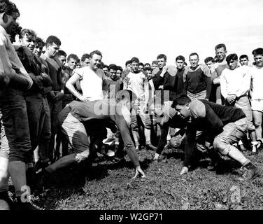 La formation de football a commencé au siège de la police à Bamberg, Allemagne. La pratique de blocage ne sont, de gauche à droite, PFC, Bernard Clark d'Sleepeye, Minn., et la FPC. Dang Davison ca. 8/20/1946 Banque D'Images