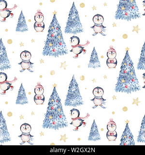 Motif de Noël transparente avec les oiseaux, pingouins, arbre, flocons de neige, des branches. Dessiné à la main à l'aquarelle Banque D'Images