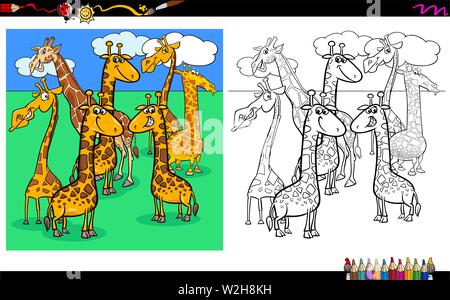 Cartoon Illustration de personnages animaux girafes Feuille de coloriage de groupe Illustration de Vecteur