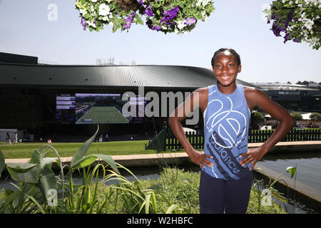 Cori 'Coco' Gauff (USA), la plus jeune femme à se qualifier pour le tableau principal de Wimbledon est photographié avant le début de la 2019 au championnats de Wimbledon tennis, Wimbledon, Londres le 29 juin, 2019 Banque D'Images