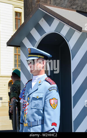 Prague, République tchèque - 27 juin 2019 : l'homme de la garde du château de Prague en face du stand par le Château de Prague. Sa tâche principale est de protéger et de défendre le siège de président de la République tchèque. Banque D'Images