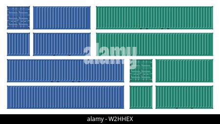 Les conteneurs de fret maquette vectorielle sur fond blanc avec vue latérale, avant, arrière et Vue de dessus. Tous les éléments dans les groupes sur des calques séparés pour faciliter les modifications Illustration de Vecteur