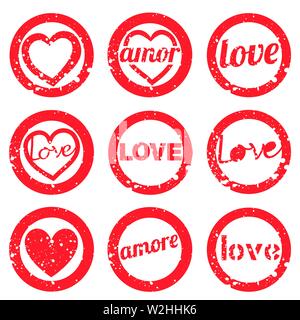 Définir l'amour tampon de caoutchouc. Ensemble de timbres de Saint-Valentin Illustration de Vecteur