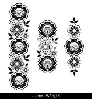 Lace pattern set long vecteur conception verticale, avec des fleurs et des tourbillons, des motifs en dentelle détaillée noir sur fond blanc Illustration de Vecteur