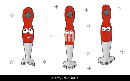 Cartoon appareils ménagers ensemble avec trois mélangeurs avec une poignée rouge. Trois émotions : la joie, l'embarras, contrarié. Pour créer des icônes, web design, landin Illustration de Vecteur