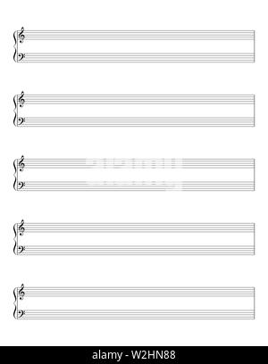 Grand personnel, appelé aussi grande portée. Feuille de notes vide modèle. Deux portées sont rejoint par un support pour être joué par un interprète sur un clavier. Banque D'Images