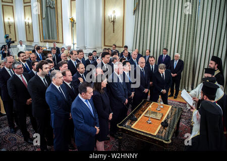 Athènes, Grèce. 09 juillet, 2019. Le nouveau gouvernement grec est assermenté par l'archevêque Ieronymos d'Athènes dans le palais présidentiel. Angelos Tzortzinis : Crédit/dpa/Alamy Live News Banque D'Images