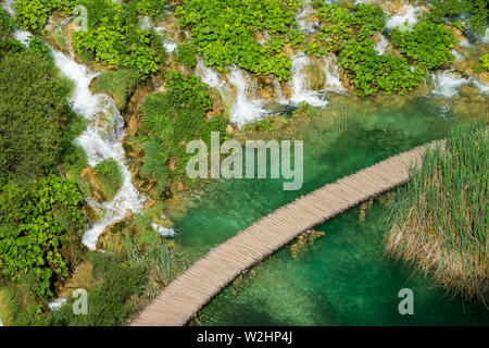 Se précipiter vers le bas des cascades d'eau douce pure les barrières naturelles dans le lac Kaluđerovac couleur turquoise au parc national des Lacs de Plitvice en Croatie Banque D'Images