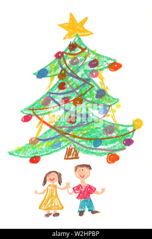 Heureux les enfants en face de beaux arbres de Noël coloré. Dessin d'enfant fait avec des crayons pastel Banque D'Images