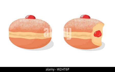 Ensemble d'sufganiyah beignets frits (beignets) de sucre en poudre garniture, manquant de mordant et, isolé sur fond blanc. Vector Illustration de Vecteur