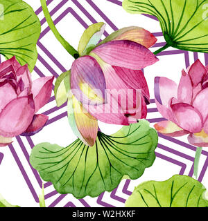 Lotus rose fleurs botanique floral. Printemps sauvage de fleurs sauvages de la feuille. Illustration à l'aquarelle. Aquarelle Dessin aquarelle de mode. Background transparent Banque D'Images