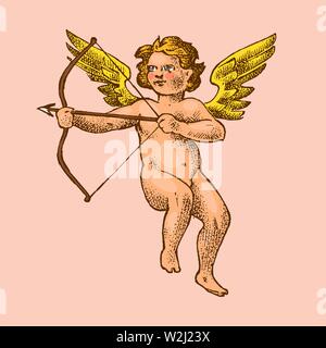 Cute angel avec des flèches et arc. Les petites ailes avec Cupids esthétique voler dans le ciel. Les enfants en monochrome style gravé. Modèle de tatouage ou d'un logo Illustration de Vecteur