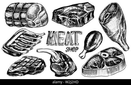 La viande de boeuf, escalope de porc, cuisse de poulet, viande, bacon et des côtes. Barbecue dans le style vintage. Des modèles de menu de restaurant, emblèmes ou badges. Part Illustration de Vecteur