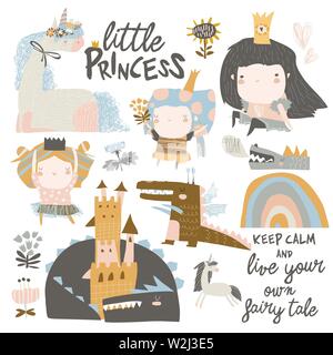 Ensemble d'adorables petits princesses, dragons et licornes magiques sur fond blanc Illustration de Vecteur