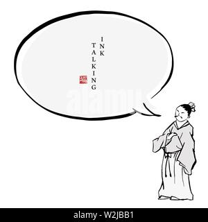 L'encre de chine de dialogue message template de caractères des gens en costume traditionnel un homme debout et la pensée. La traduction pour le mot chinois : ble Illustration de Vecteur