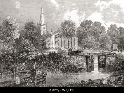 La Collégiale de la Sainte et indivisible Trinité, Stratford-upon-Avon, en Angleterre, qu'on voit ici au 19e siècle. Cette église a été le lieu de baptême et l'enterrement de William Shakespeare. Photos de l'anglais, publié en 1890. Banque D'Images