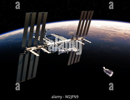 Les satellites commerciaux et la Station spatiale internationale en orbite autour de la Terre. 3D Illustration. Banque D'Images