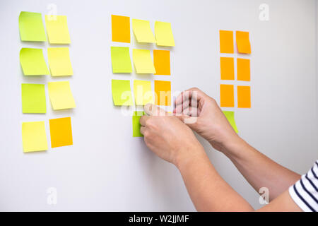 Il suivi travailleur ses tâches sur carte kanban. L'utilisation de groupes de contrôle de la méthodologie de développement agile. Homme attachant sticky note de presse tableau des tâches en th Banque D'Images