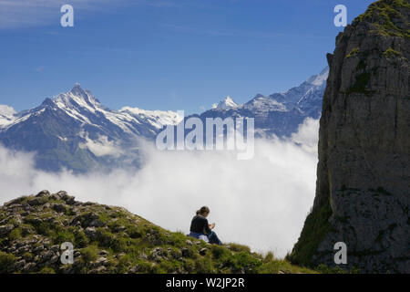 Au repos par le randonneur sur le tuba, Schynige Platte, Oberland Bernois, Suisse : Gumihorn sur la droite ; Schreckhorn, Finsteraahorn au-delà. Parution du modèle Banque D'Images